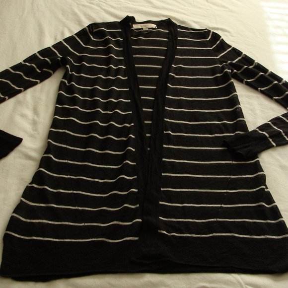 ANN TAYLOR LOFT Black & White STRIPE Long Sleeve SHEER Open Front CARDIGAN Sz S - Picture 1 of 6